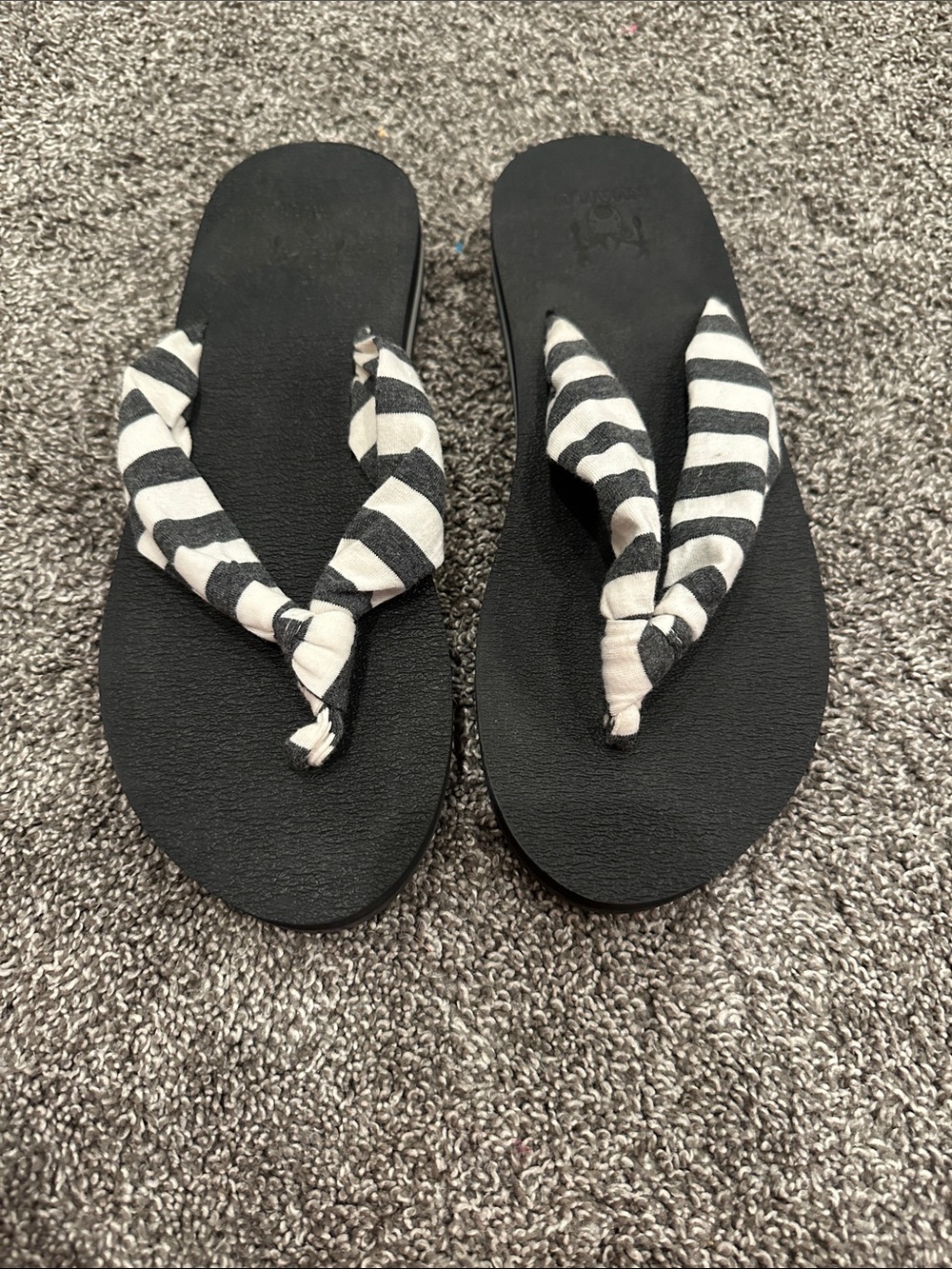 Striped Black & White Fabric Thong Sandals - Women